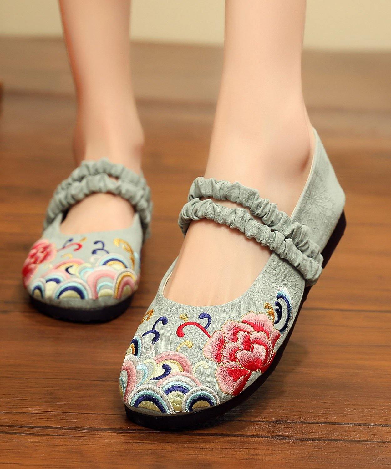 Red Embroideried Cotton Linen Fabric Flat Shoes Lace Up Flat Shoes