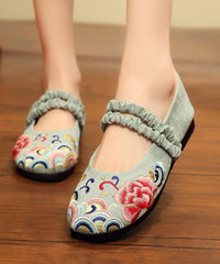 Red Embroideried Cotton Linen Fabric Flat Shoes Lace Up Flat Shoes