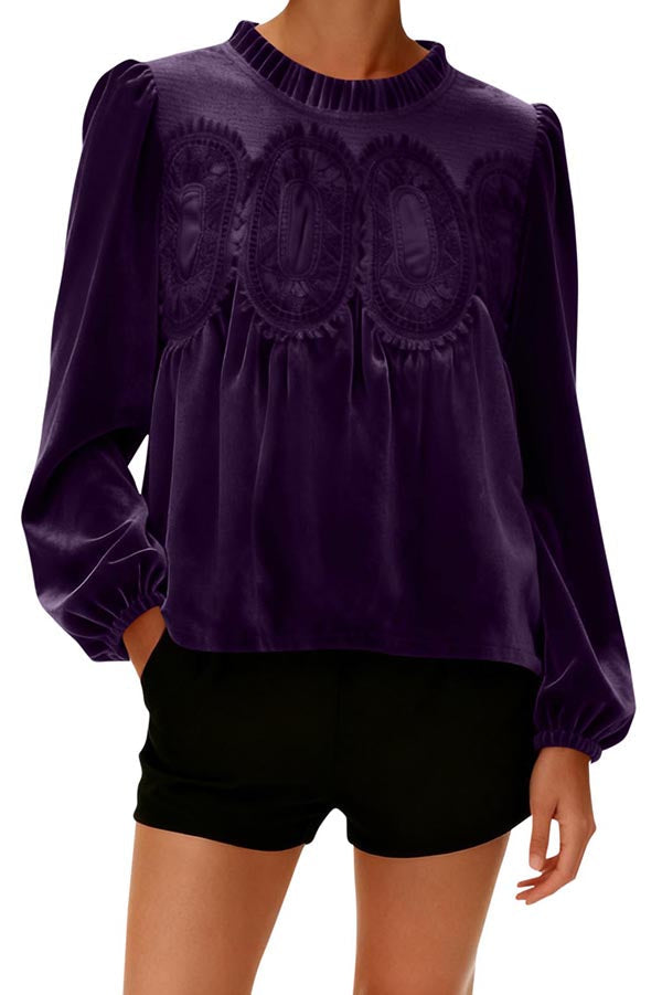 Velvet and Lace Patchwork Loose Long-sleeved Top