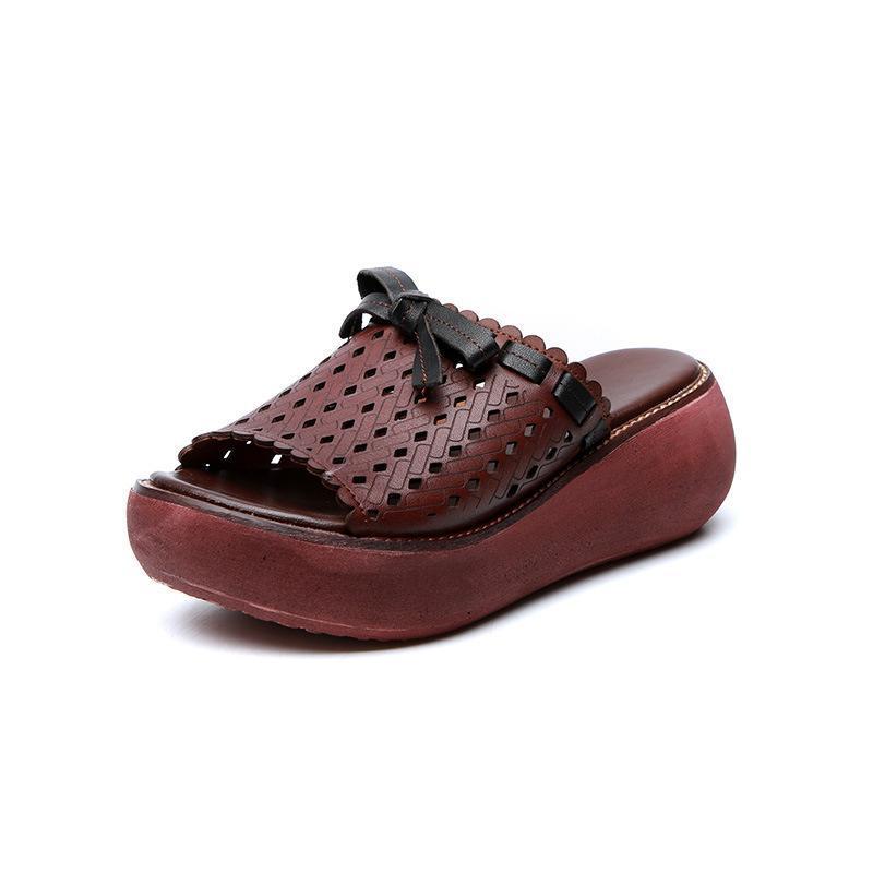 Leather Vintage Hollow Out Wedge Casual Slippers