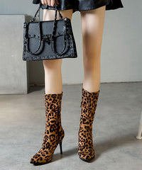 Leopard Print Genuine Leather Velour Fabric Zippered Boots Pointed Toe Boots