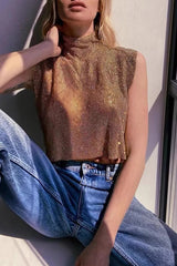 High-neck Rhinestone Metallic Top
