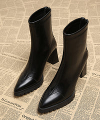 Handmade Splicing Chunky Heels Boots Brown Cowhide Leather