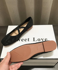 Apricot Embroidered Cross Strap Splicing Flat Shoes For Women