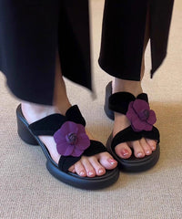 Black Floral Splicing Chunky Slide Sandals Peep Toe
