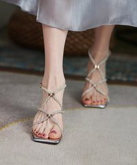 Silver Zircon Chunky Heel Splicing Sandals Peep Toe