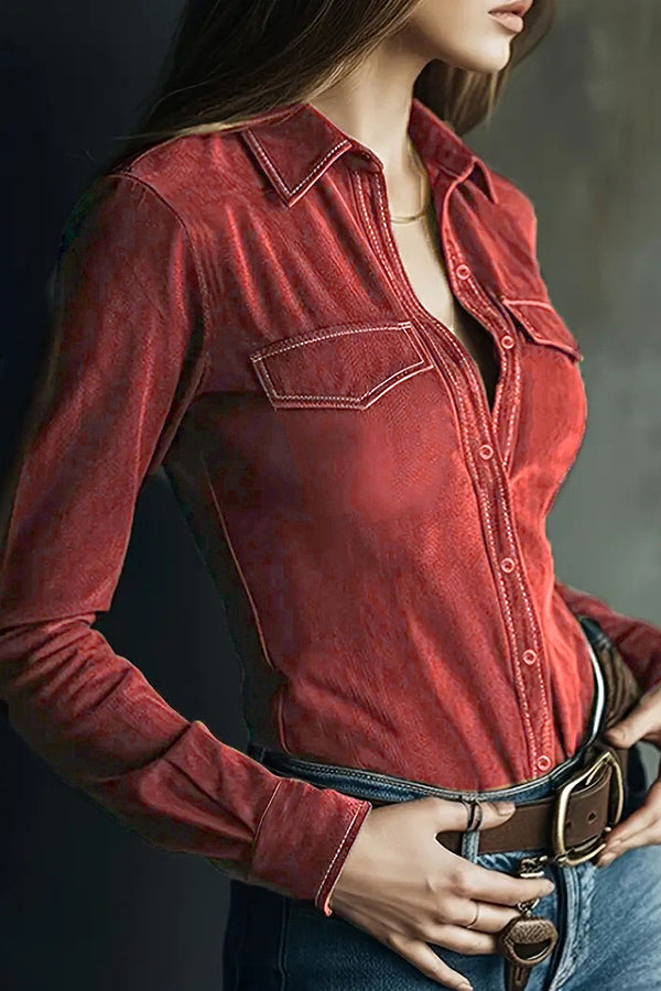 Suede Long-sleeved Button-down Casual Shirt