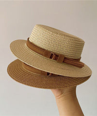 French Khaki Straw Woven Flat Top Sun Cloche Hat