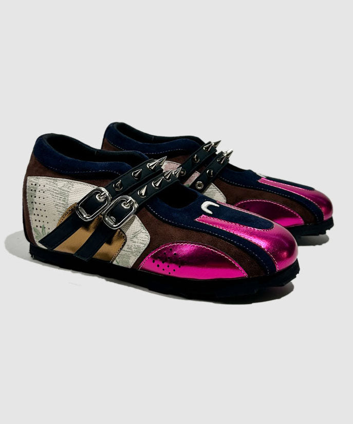 Rose Cowhide Leather Women Splicing Rivet Wedge Heels Shoes