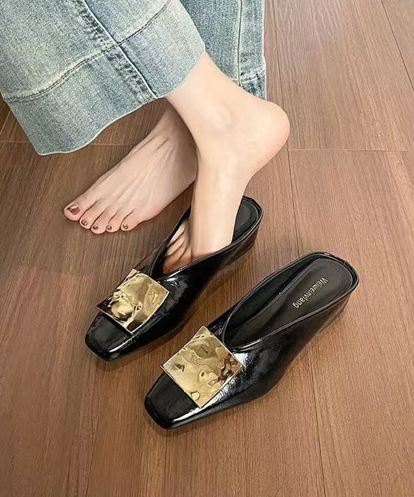 Black Sequined Splicing Sheepskin Wedge Slide Sandals