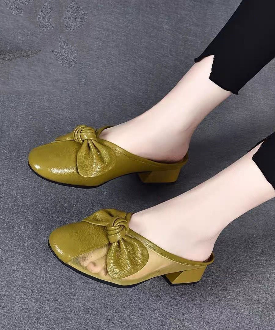 Bow Tulle Splicing Chunky Yellow Cowhide Leather Slide Sandals