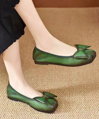 Green Bow Cowhide Leather Comfortable Flats Shoes
