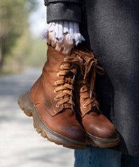 Soft Brown Cowhide Leather Splicing Lace Up Boots