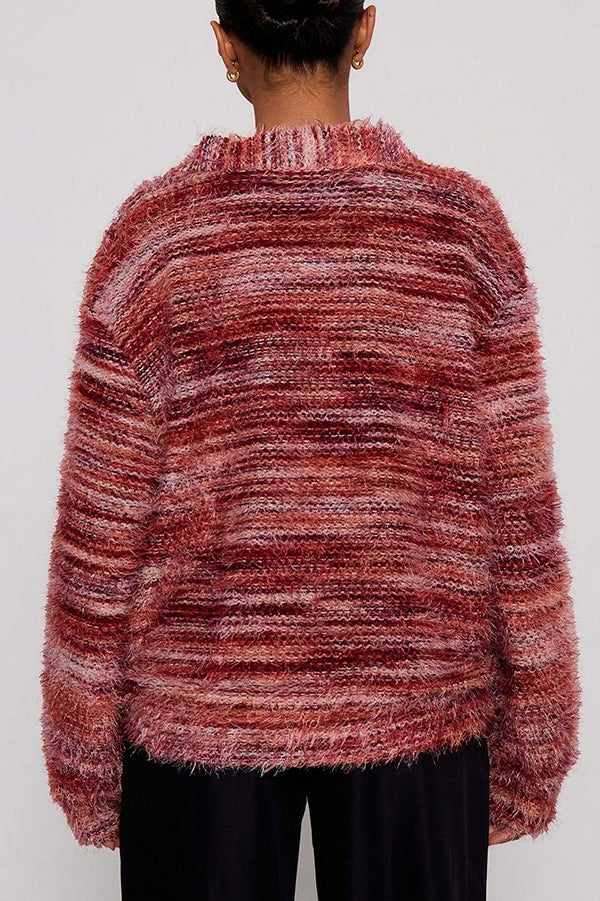 Mixed Color Loose V-neck Casual Knit Cardigan