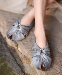 Comfortable Splicing Hollow Out Grey Cowhide Leather Slide Sandals