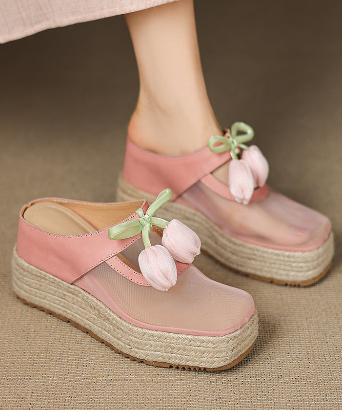 Pink Cowhide Leather Splicing Tulle Wedge Heels Slide Sandals