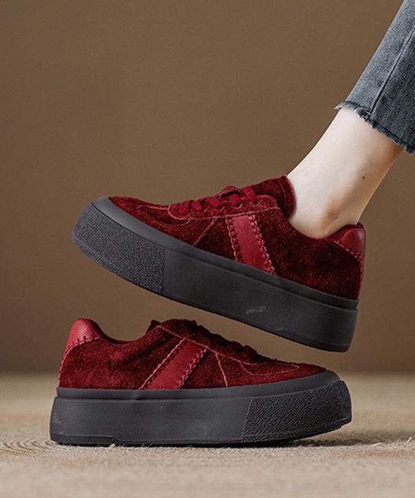 Red Lace Up Suede Splicing Casual Platform Flat Shoes