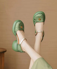 Retro Green Embossed Buckle Strap Chunky Sandals