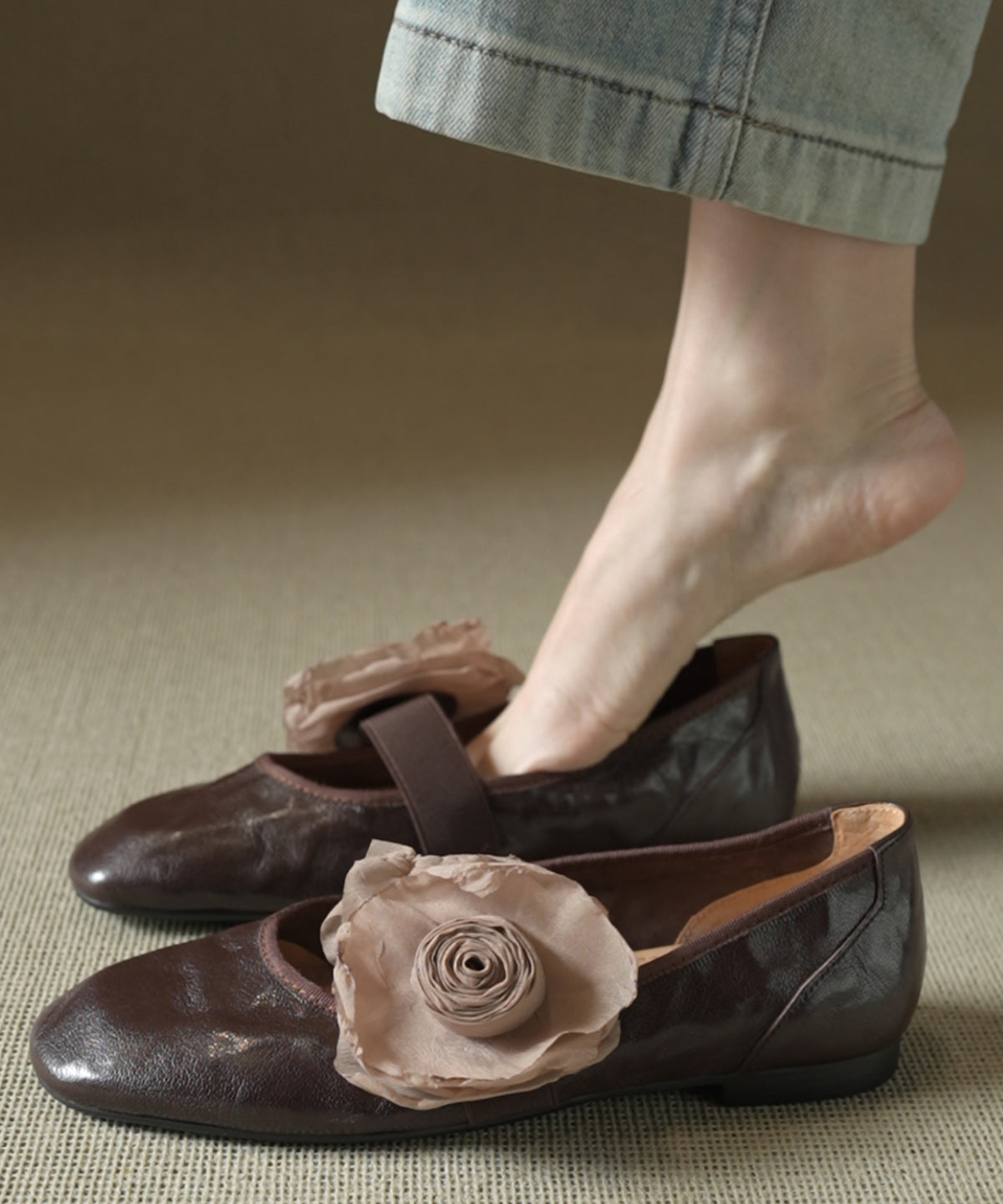 Floral Splicing Flats Brown Cowhide Leather