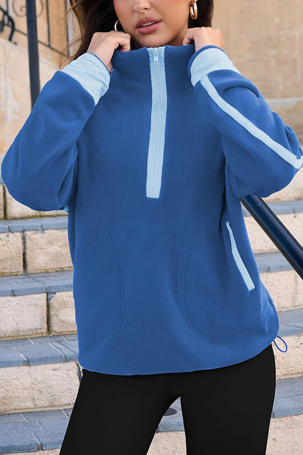 Color-blocked Trim Loose Casual Pocket Sweatshirt