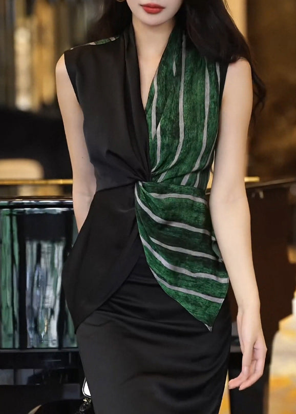 Colorblock V Neck Striped Patchwork Flattering Shirt Sleeveless