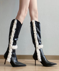 Black Stiletto Faux Leather Teddy Splicing Boots