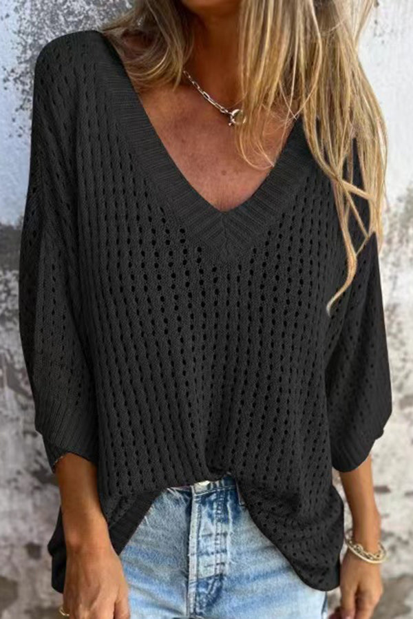 Hollow V-neck Long-sleeved Casual Loose Knitted Top