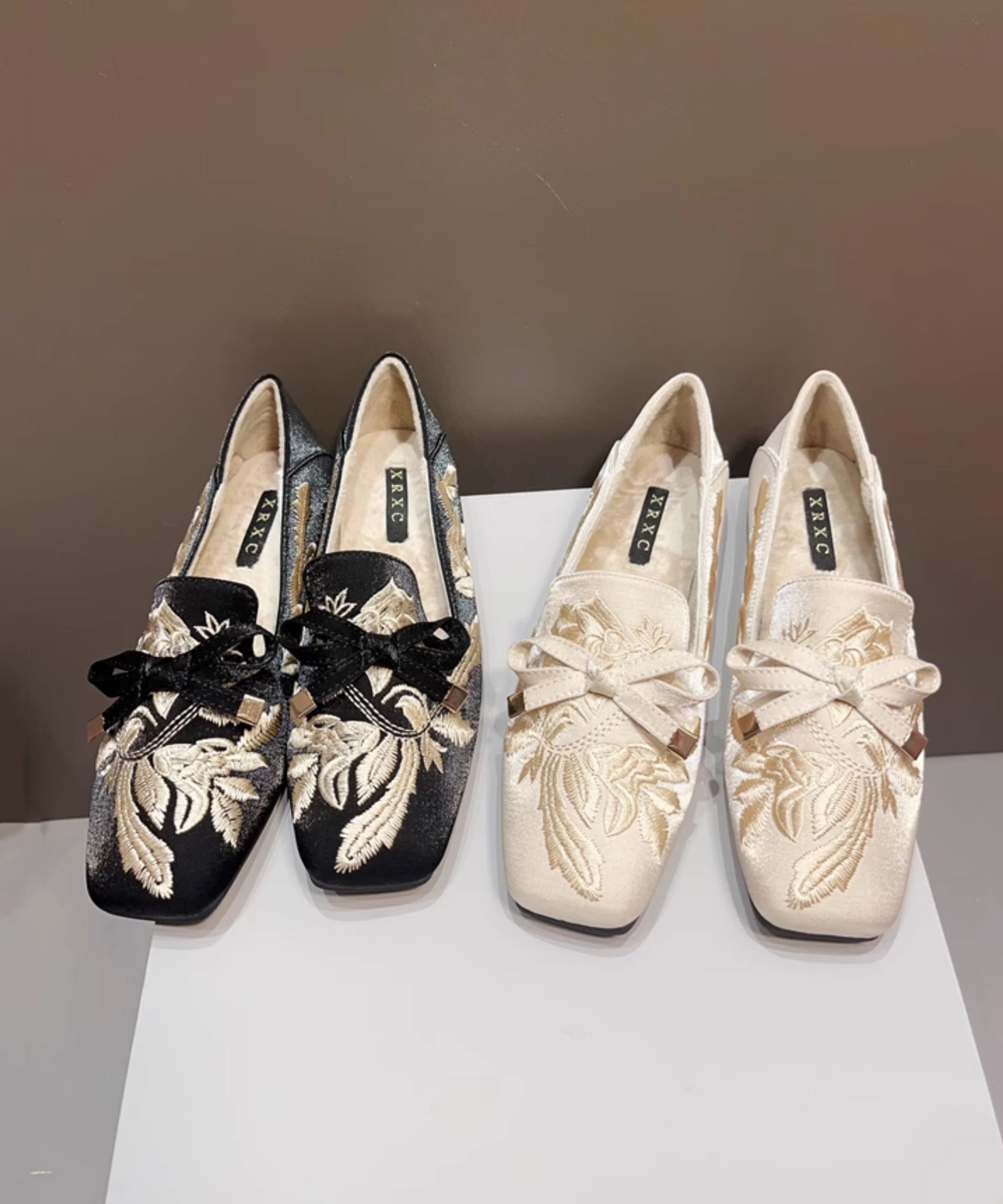 Retro Black Embroidered Flat Feet Shoes Fuzzy Wool Lined