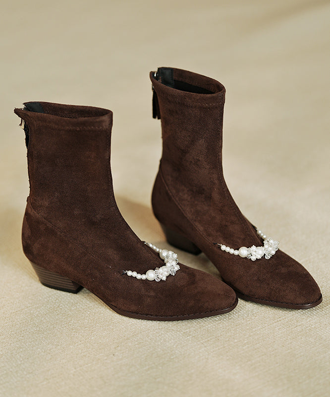 Boutique Brown Suede Nail Bead Splicing Boots