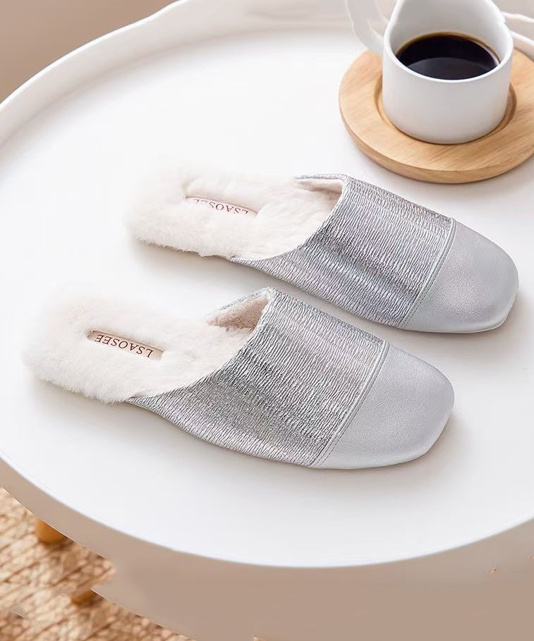Silver Slippers Shoes Splicing Fuzzy Wool Lined