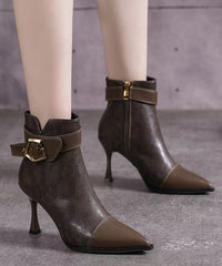 Khaki Boots High Heel Faux Leather Splicing