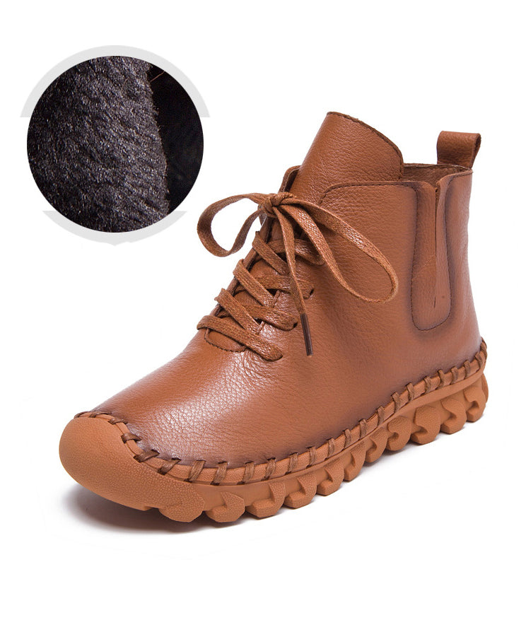 Black Genuine Leather Boots Warm Fleece Lace Up Boots