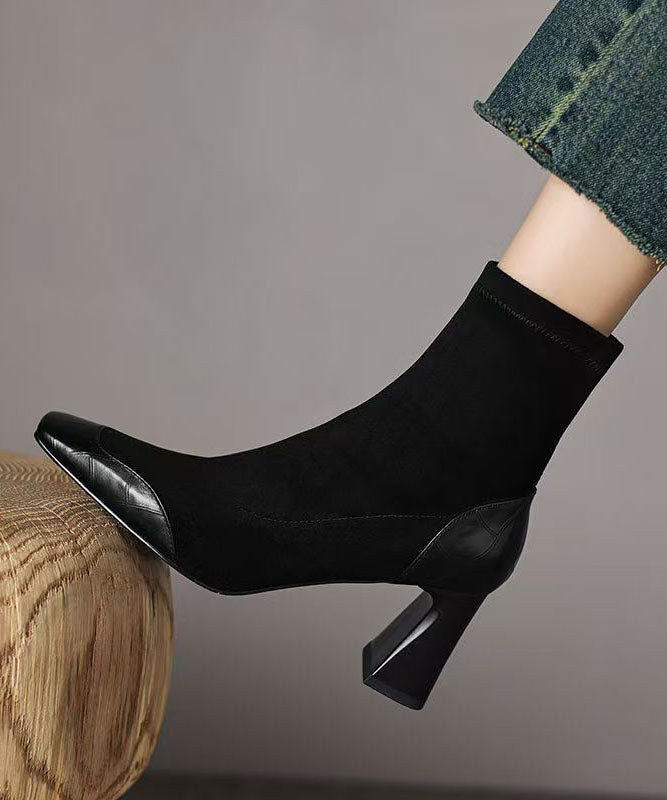 Elegant Brown Splicing Suede Chunky Heel Boots