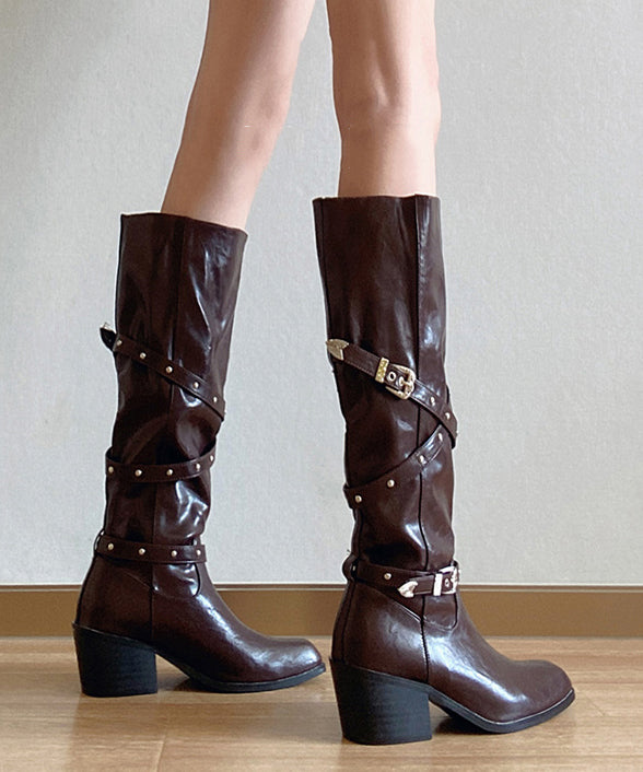 Brown Faux Leather Rivet Splicing Chunky Heel Boots