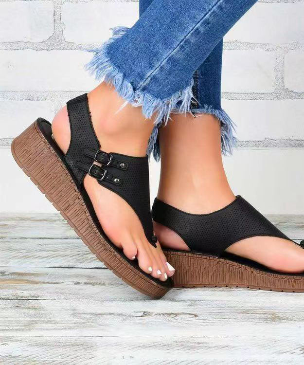 Black Buckle Strap Splicing Peep Toe Platform Sandals