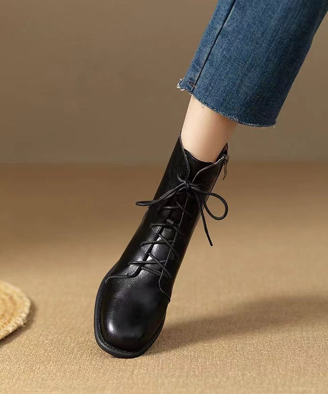 Cowhide Leather Boots Zippered Lace Up Splicing Brown