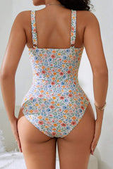Floral Print Square Neck Spaghetti Strap Elastic One-Piece Swimsuit