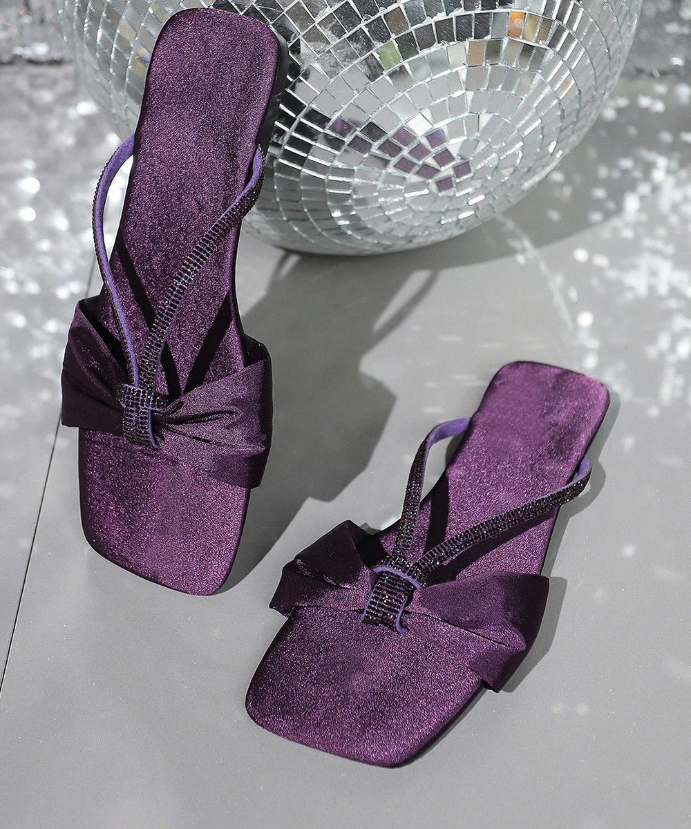 Boutique Purple Satin Splicing Slide Sandals Bow Zircon