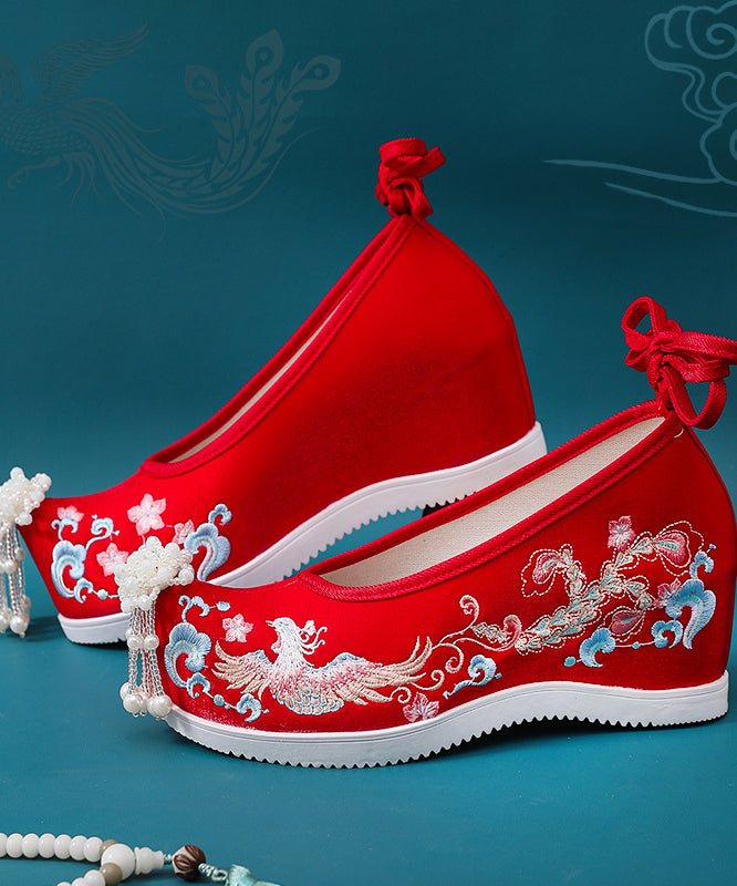 White Embroideried High Heels Shoes Wedge Satin Fabric Lace Up High Wedge Heels