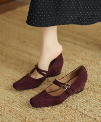 Brown Wedge Heels Shoes Suede Splicing Buckle Strap