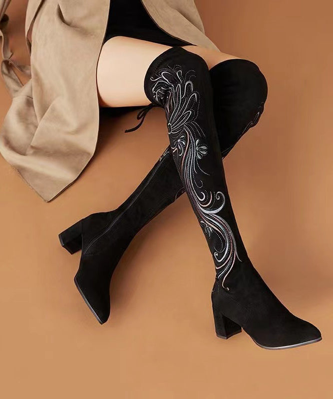 Retro Black Embroidered Chunky Knee Boots
