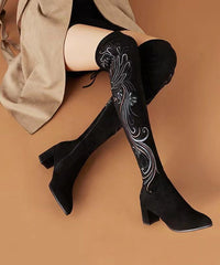 Retro Black Embroidered Chunky Knee Boots