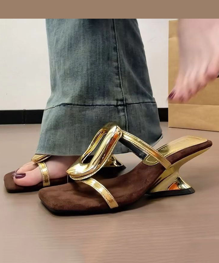 French Style Gold Wedge Heel Slide Sandals