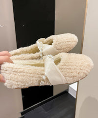 French Apricot Fuzzy Fur Splicing Flat Shoes For Women