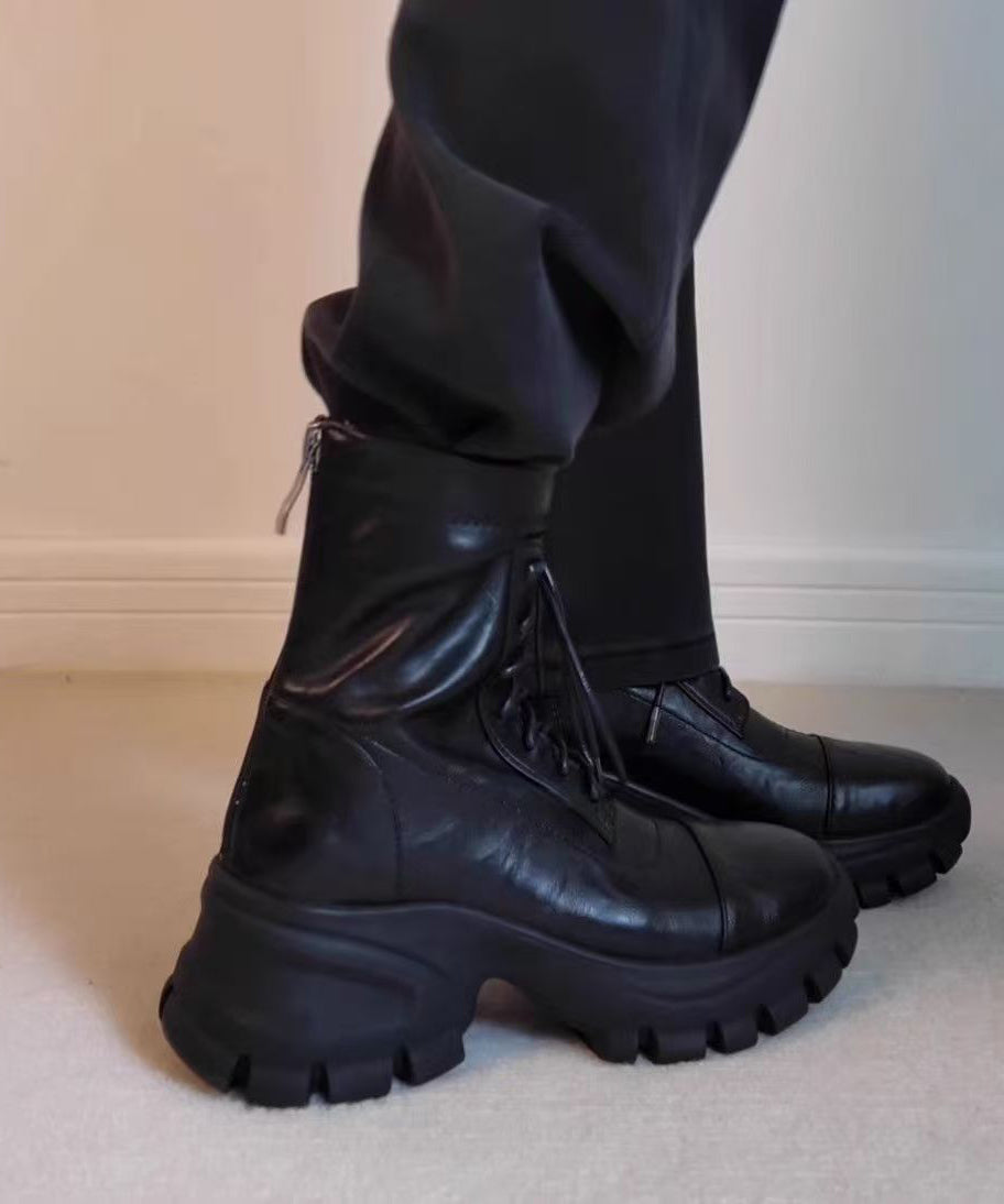 Black Sheepskin Splicing Lace Up Boots