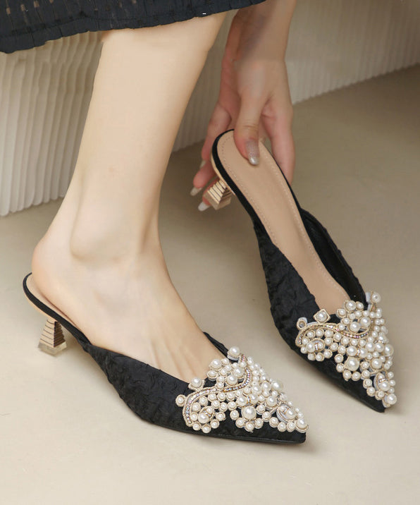 Elegant Splicing High Heel Blue Slide Sandals Nail Bead Pointed Toe