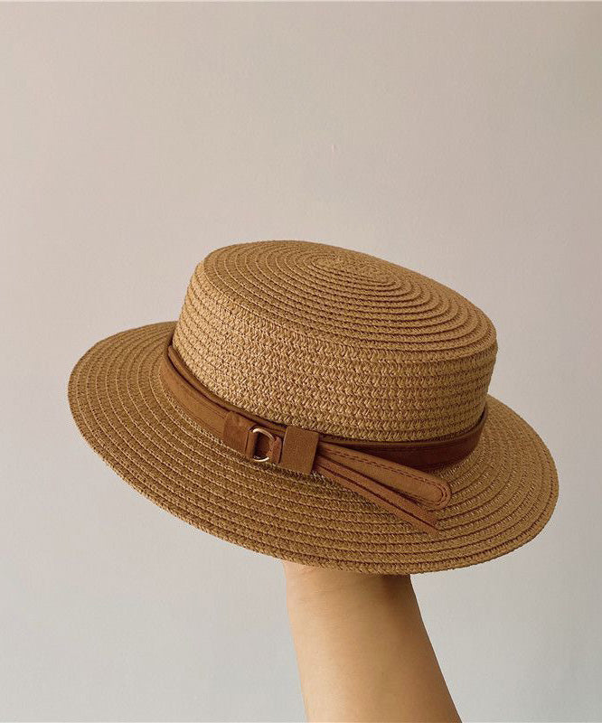 French Khaki Straw Woven Flat Top Sun Cloche Hat