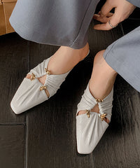 Hollow Out Chunky Beige Cowhide Leather Slide Sandals