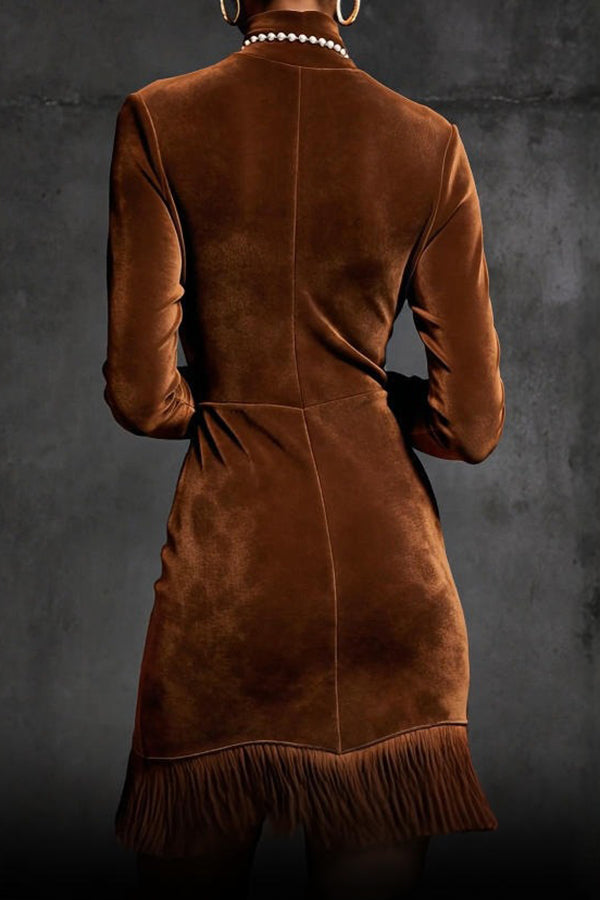 Suede Turtleneck Long-sleeved Slim-fit Tassel Mini Dress