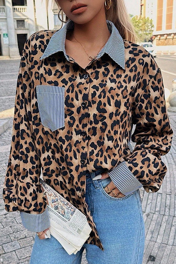 Striped Leopard Print Patchwork Loose Casual Long-sleeved Shirt
